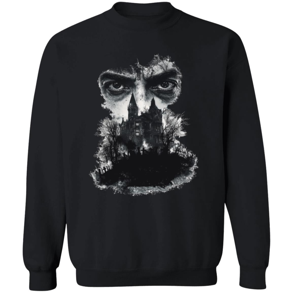Pullover Sweatshirt Glaring Eyes Over Gothic Mansion