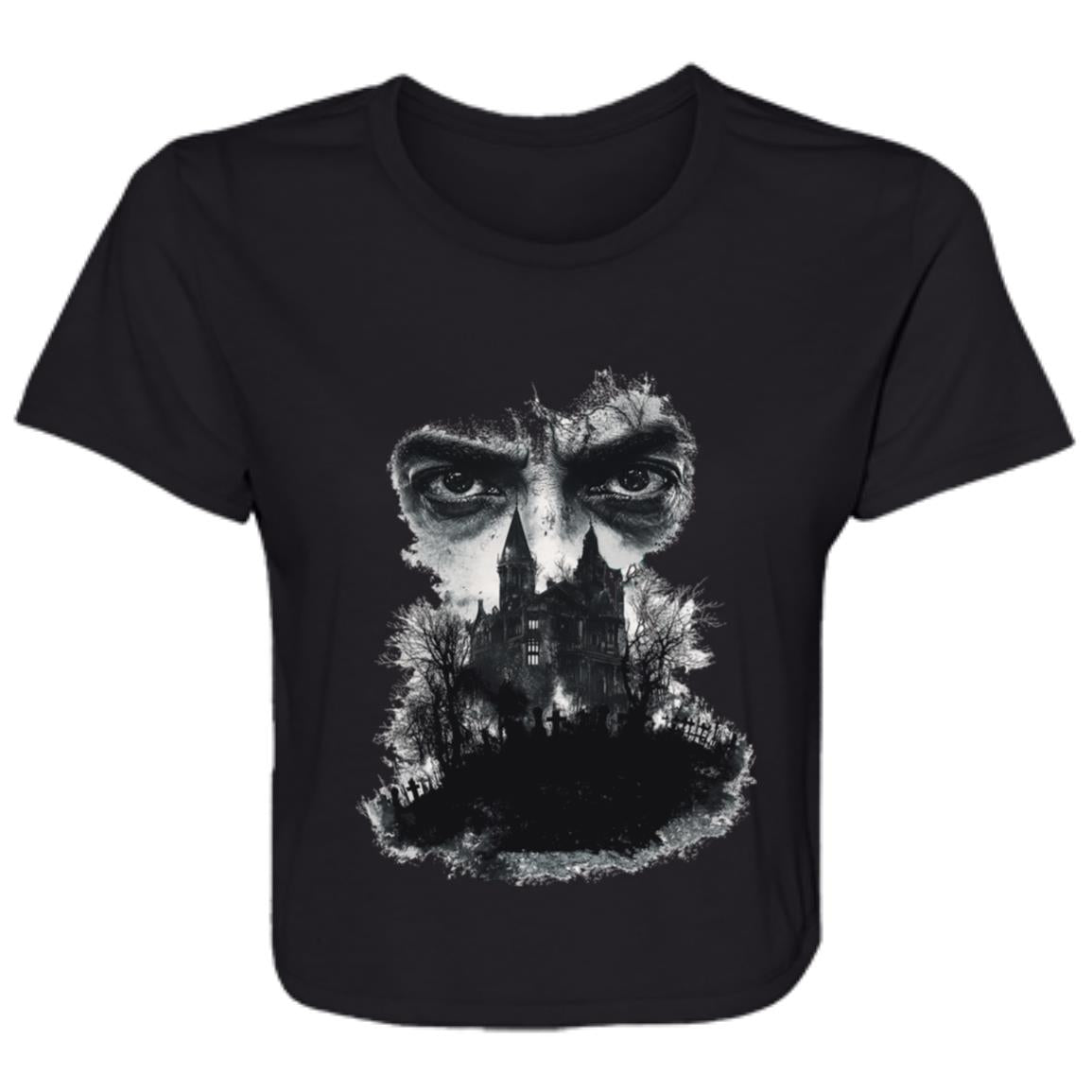 Flowy Cropped Tee Glaring Eyes Over Gothic Mansion