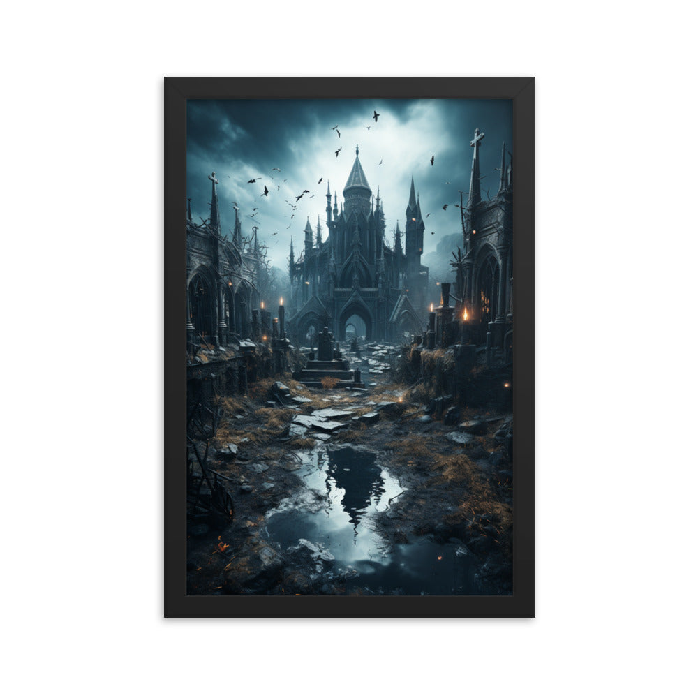 Framed Poster Rainy Gothic Castle Courtyard