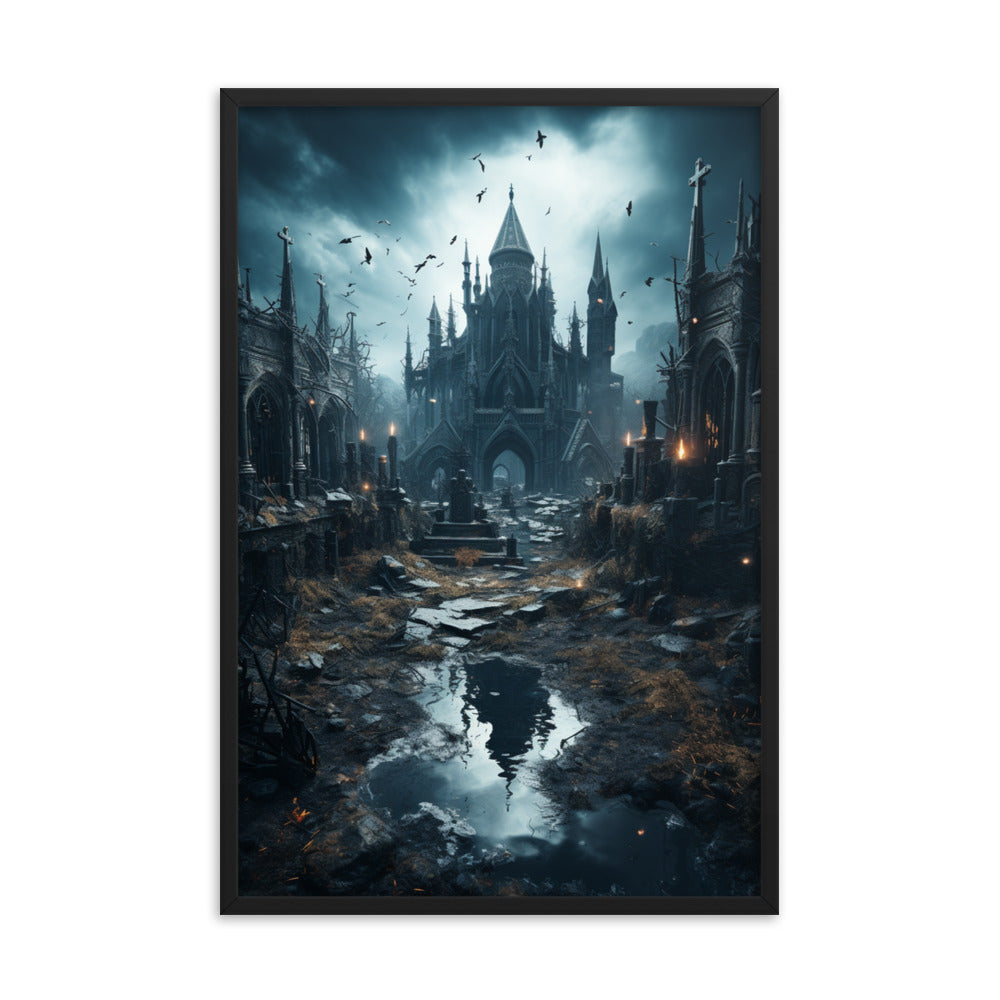 Framed Poster Rainy Gothic Castle Courtyard