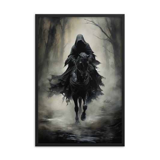 Framed Poster Hooded Horseman In Misty Forest